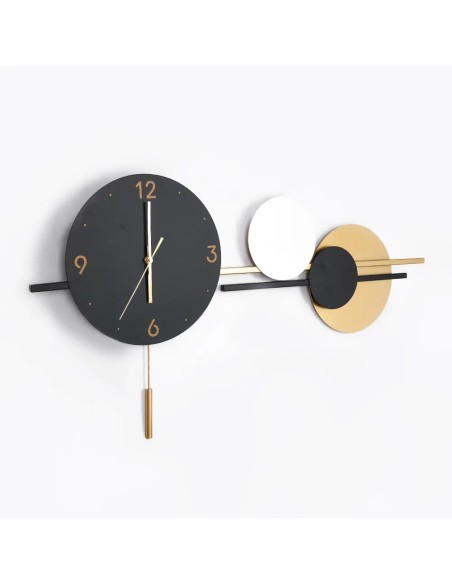Reloj de Pared moderno en Metal con Péndulo, negro, dorado y blanco.