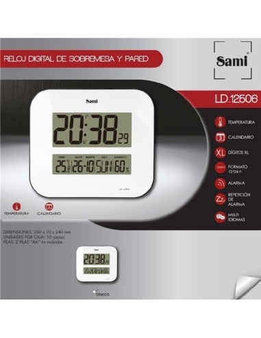 Reloj digital blanco. Ideal para sobremesa o pared, dígitos grandes y alta visibilidad.