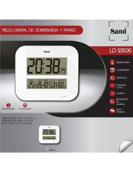Reloj digital blanco. Ideal para sobremesa o pared, dígitos grandes y alta visibilidad.