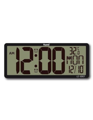 Reloj digital Sami LD-12507 negro con dígitos grandes, temperatura y calendario.