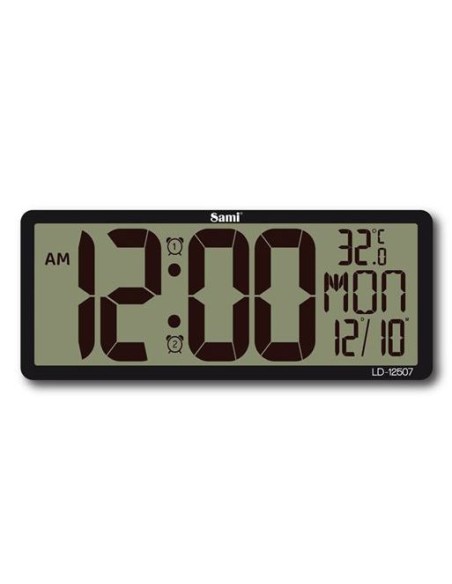 Reloj digital Sami LD-12507 negro con dígitos grandes, temperatura y calendario.