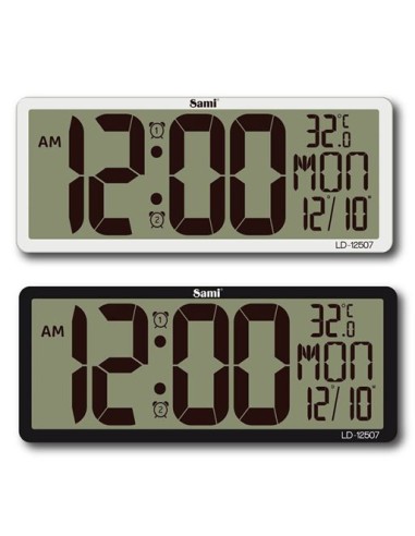 Reloj digital Sami LD-12507 negro con dígitos grandes, temperatura y calendario.