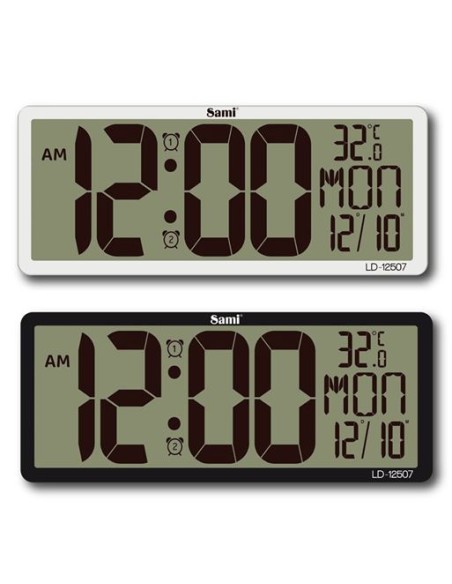 Reloj digital Sami LD-12507 negro con dígitos grandes, temperatura y calendario.